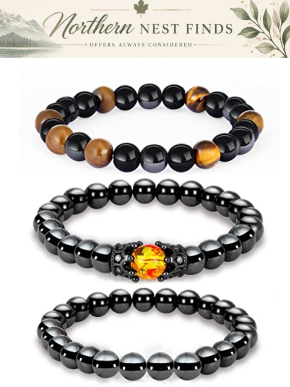 Hematite Tiger Eye Obsidian Beaded Bracelet Set Healing Protection